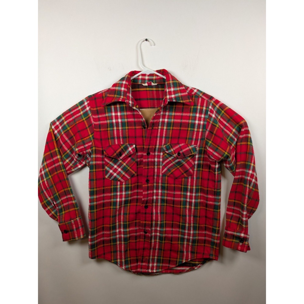 Vintage‎ 70s Frostproof Flannel Sanforized 100% Cotton Size 15.5 M Red Plaid USA